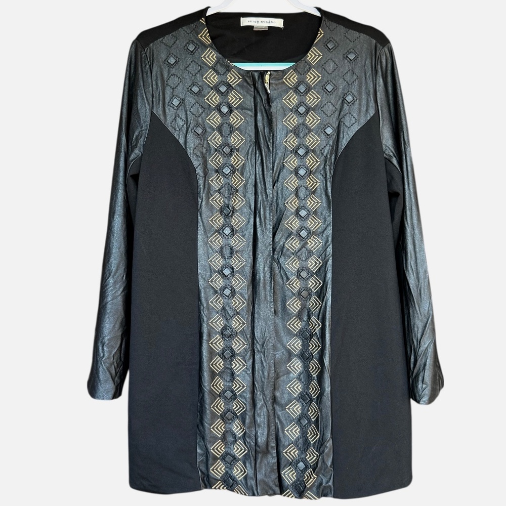 Peter Nygard Black Faux Leather and Knit‎ Gold Embellished Zipper Jacket Sz L